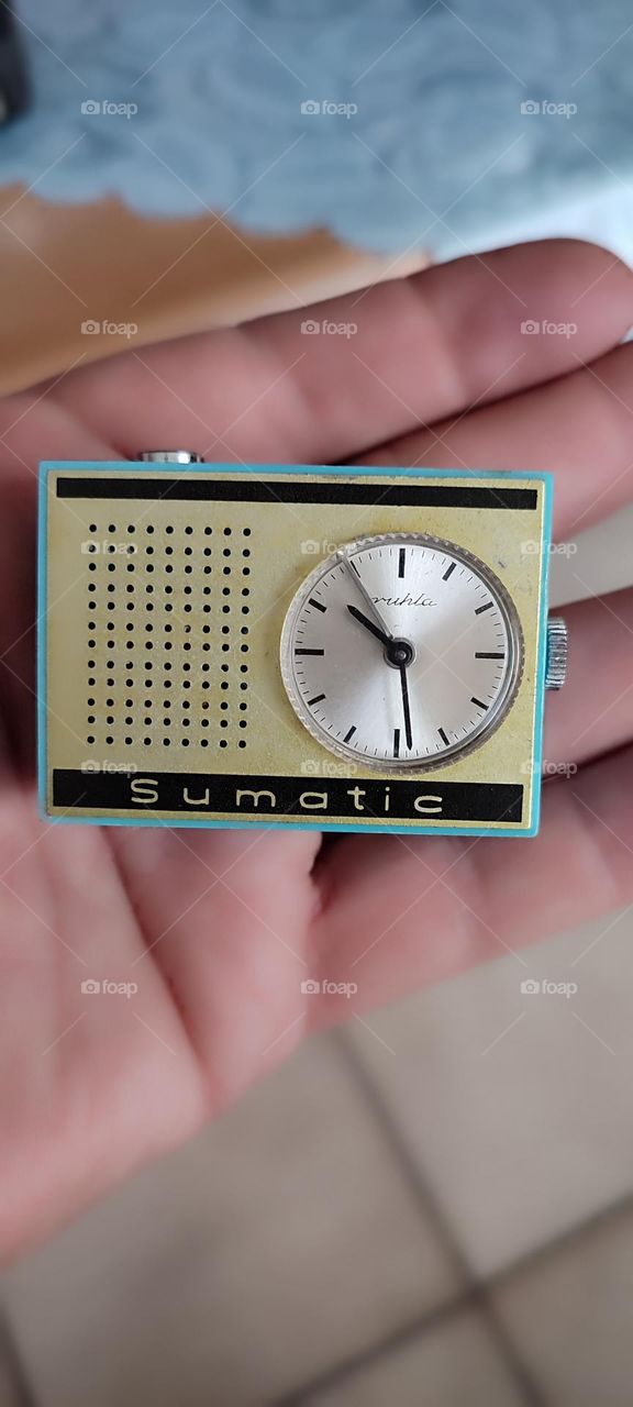 tiny clock radio, clock, blue, tiny