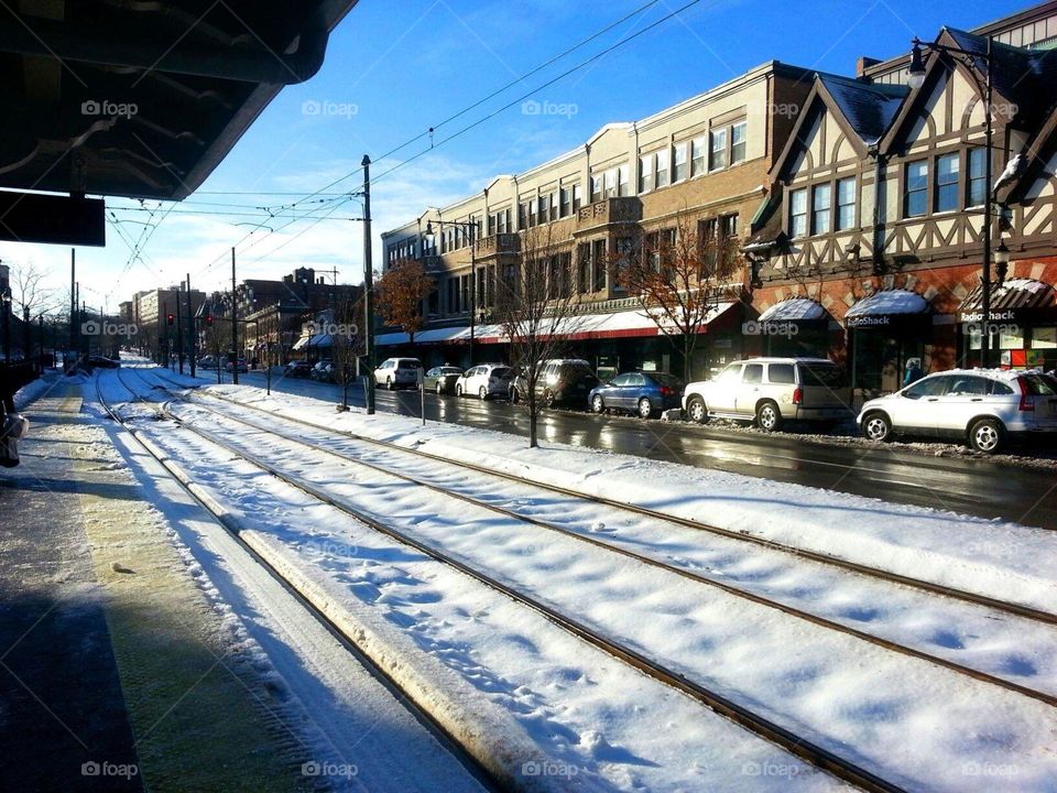 Train station with blue sky and snow