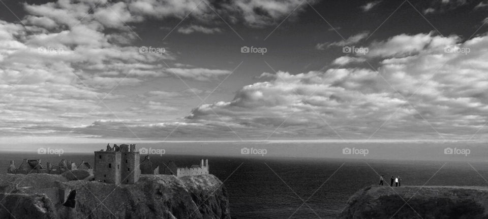 DUNNOTTAR CASTLE, STONEHAVEN, SCOTLAND, BLACK AND WHITE