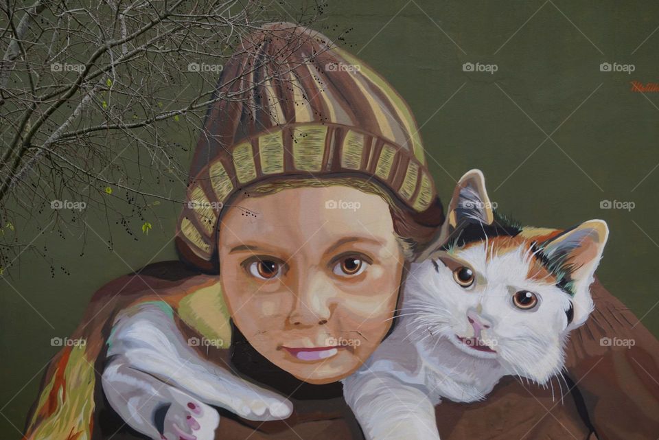 a beautiful painting of a girl with a cat.