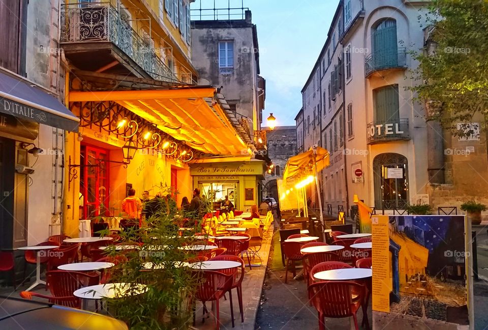 The cafe which Van Gogh painted in his well know "Terasse de Cafe la Nuit" painting in Arles, France. I am at the same view point of Van Gogh in September 1888.