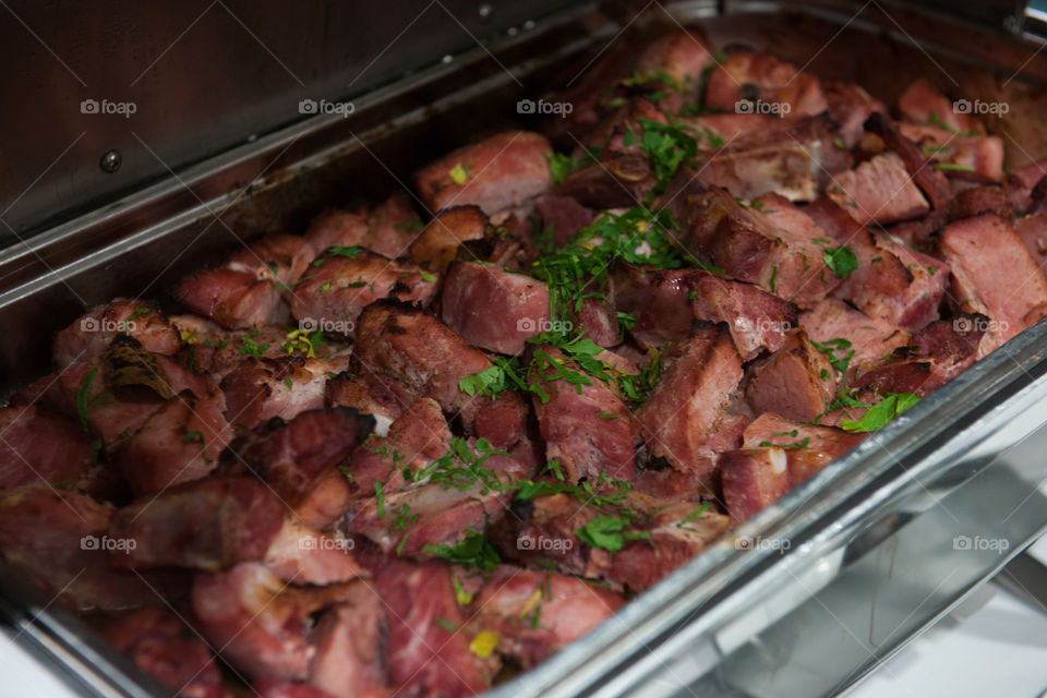 Spareribs on a Christmas buffet. This is one of the dishes that are part of the traditional Swedish Christmas buffet.