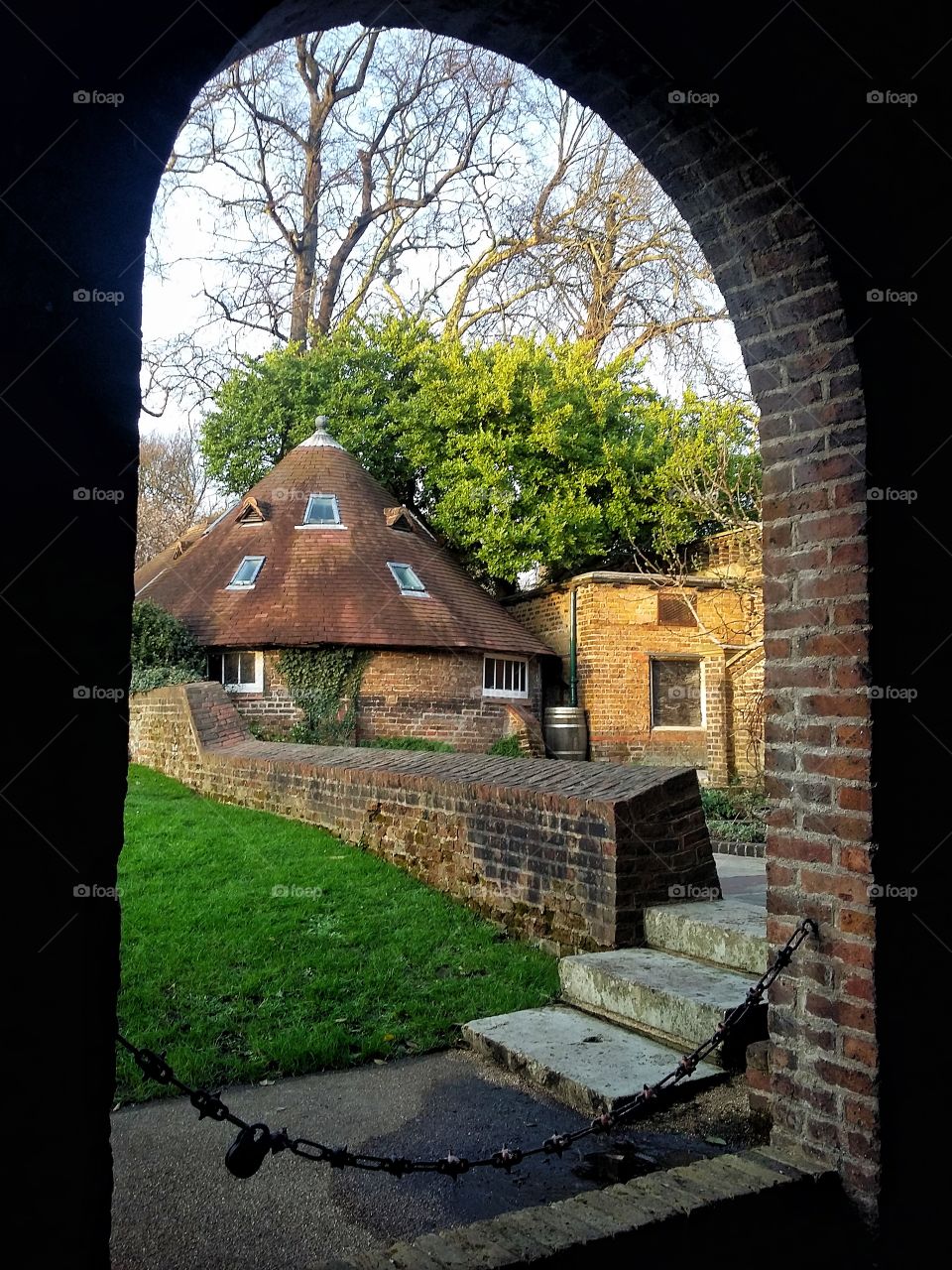 view from a front door of a beautiful round house