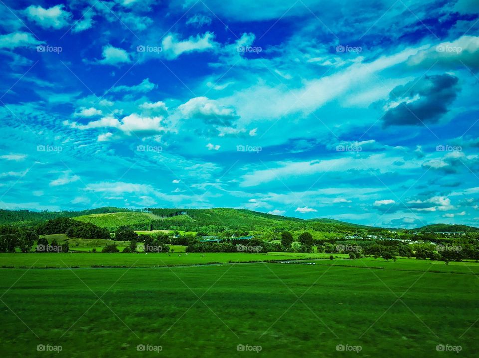 A green meadow with a hill in the background with beautiful clouds and a blue sky 