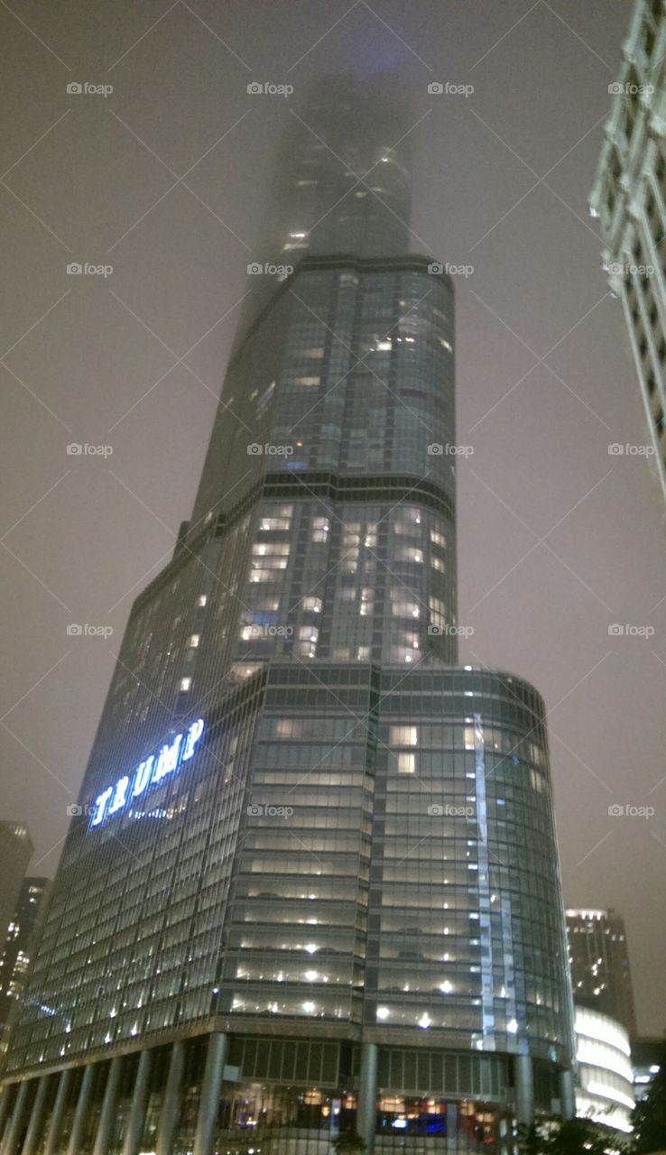 Trump Tower in the fog. cruise in Chicago