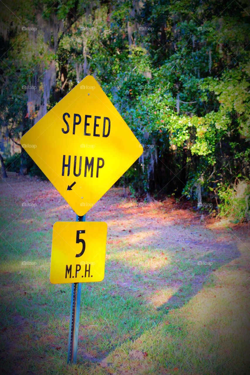 Speed hump yellow road sign