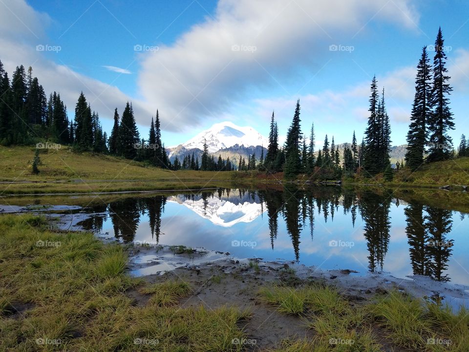 Snowy mountain reflected on lake