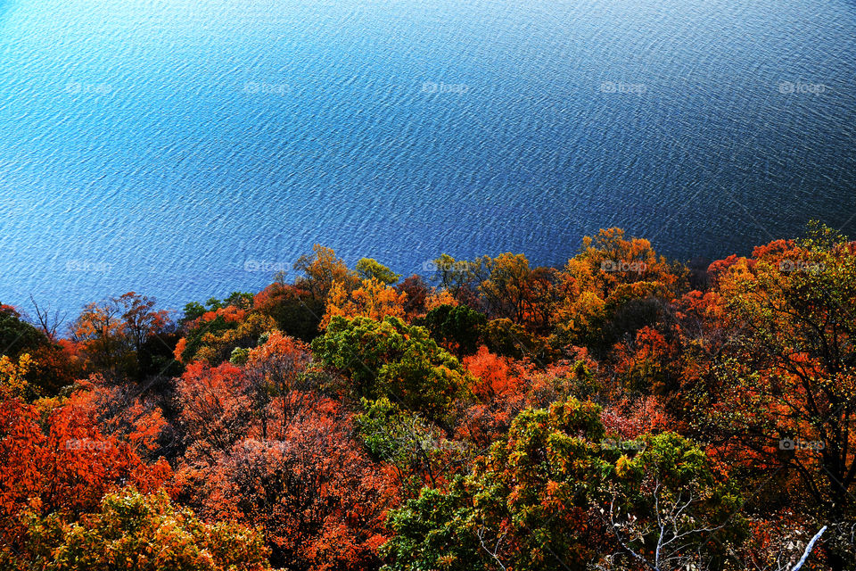 A view from way above seen from the Palisades cliffs beautiful fall foliage decorates the tree tops.