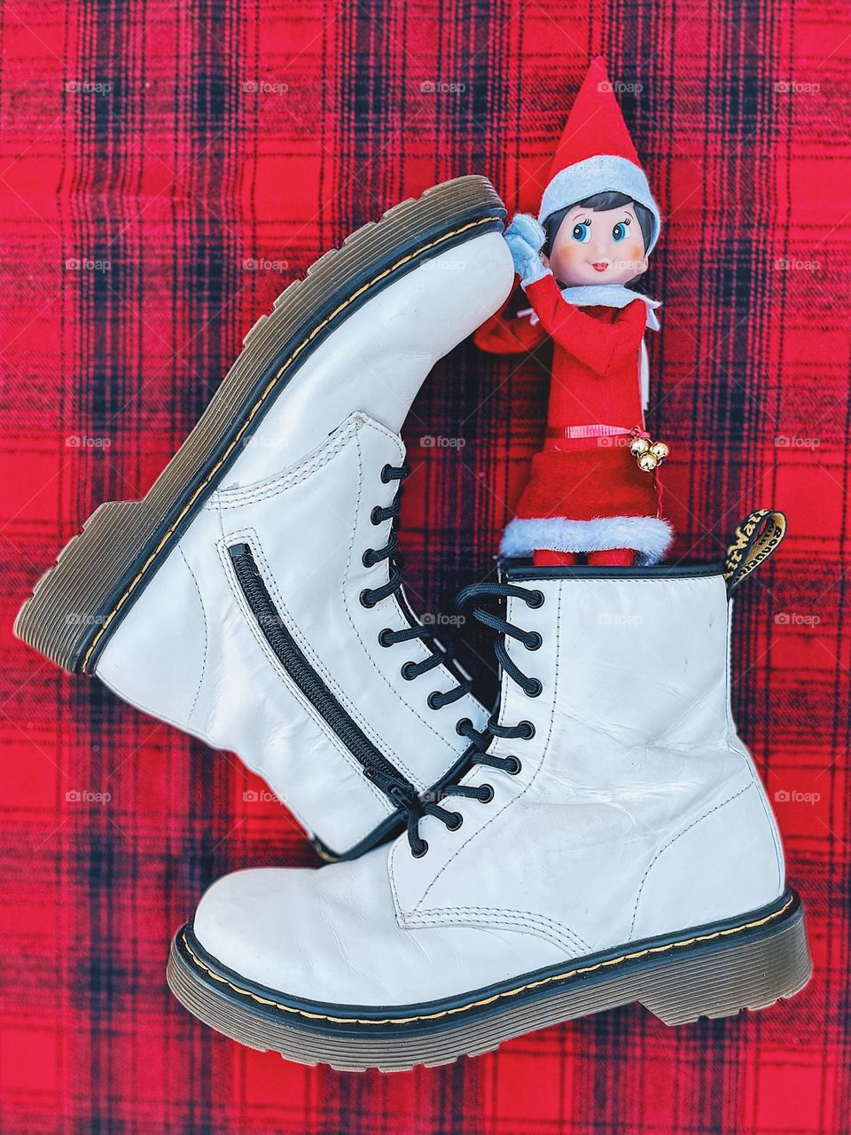 Doc Marten boots with Elf on the Shelf, Doc Marten boots for Christmas, best gift ever, Elf on the Shelf playing with Dr. Marten boots, DMs and Elf on the Shelf , white boots and Christmas, Docs and Elves