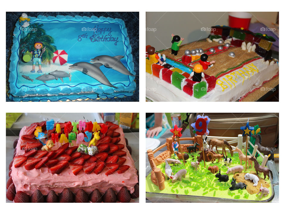 Sugar! Cakes clockwise from top left:pool party with ice cream and fudge; bowling party with chocolate & vanilla; petting zoo play with ice cream & lemon; inflatable maze fun with strawberries, jello, whip cream & ice cream sandwiches...& toys too! 😋