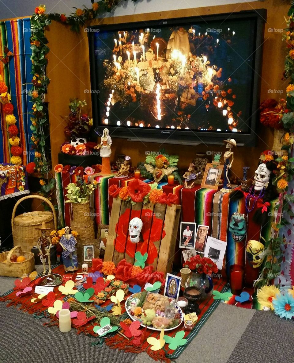 Alters to our dead on display at our local library. celebrating Dia de Los Muertos.