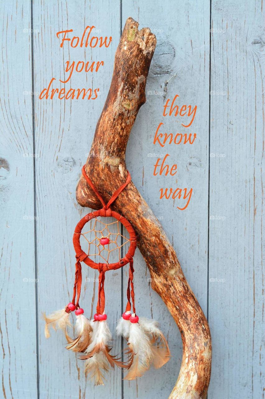 ispiration text with a tree trunk and dream catcher