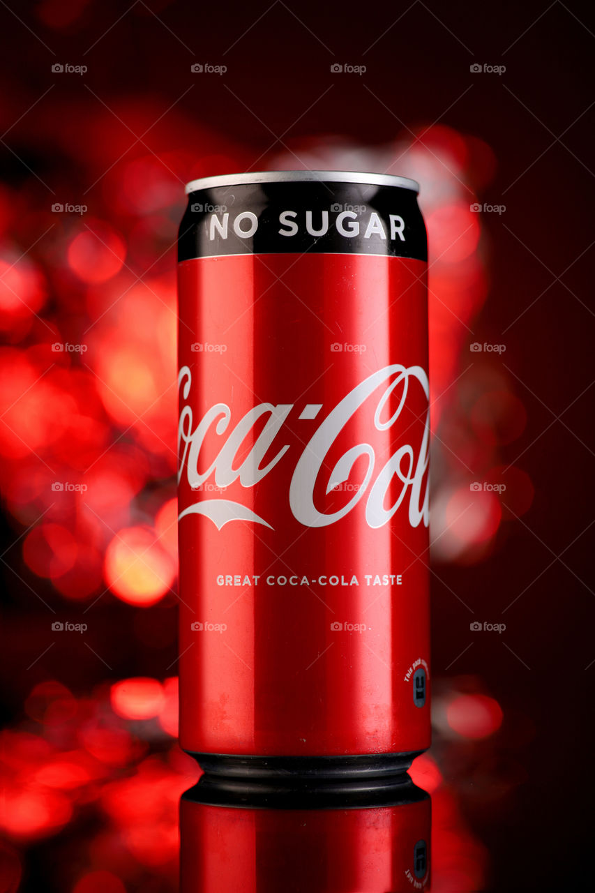 coca cola no sugar can with bokeh background