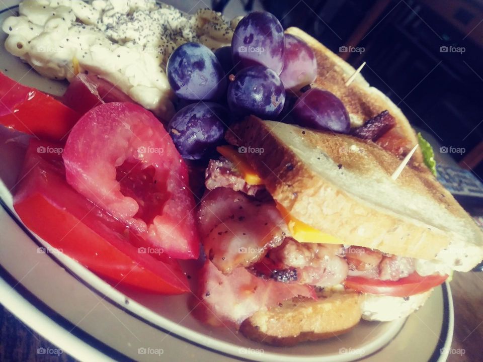 Epic Sandwich Night!! Turkey BLT with fresh fruit and macaroni salad!!