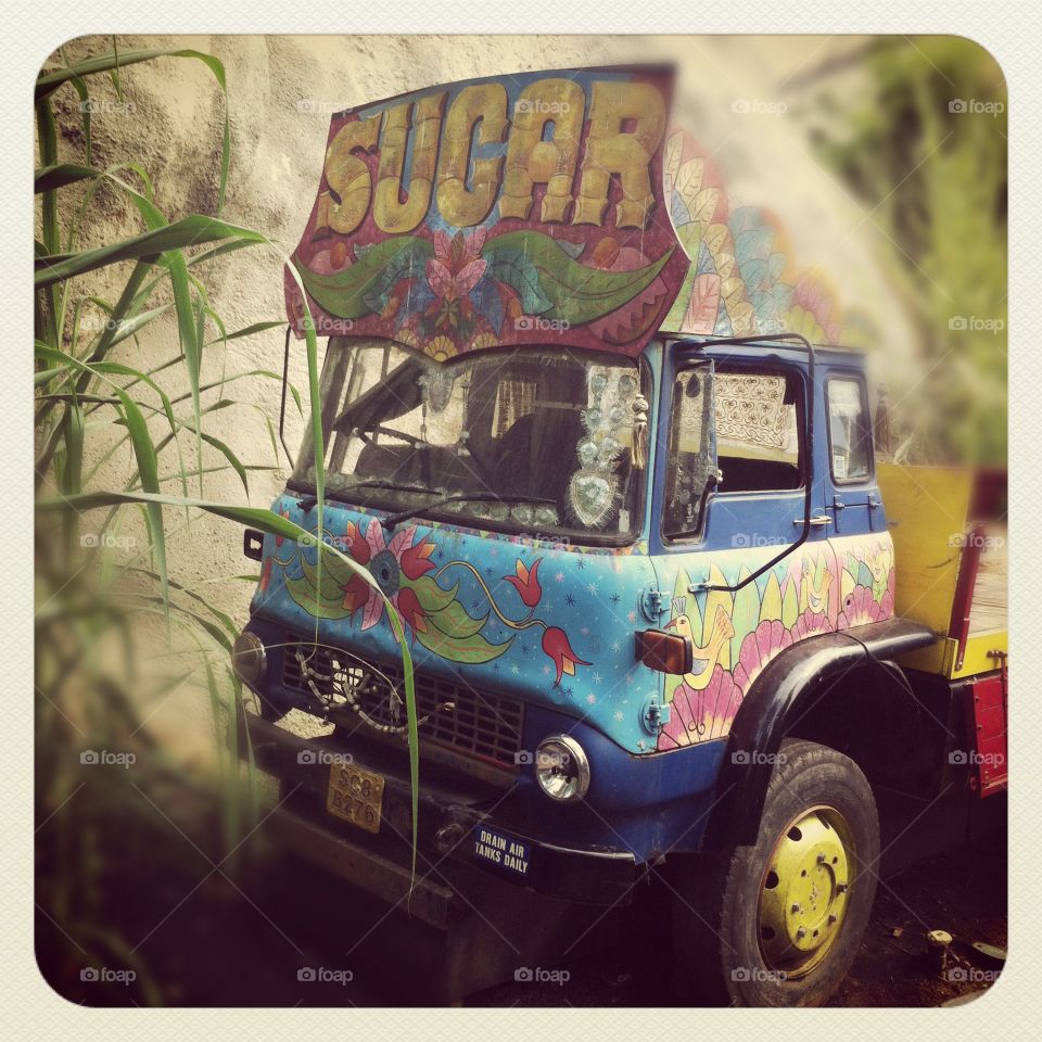 Indian truck at Eden. A pop up exhibition about Indian culture at Eden Project in Cornwall.