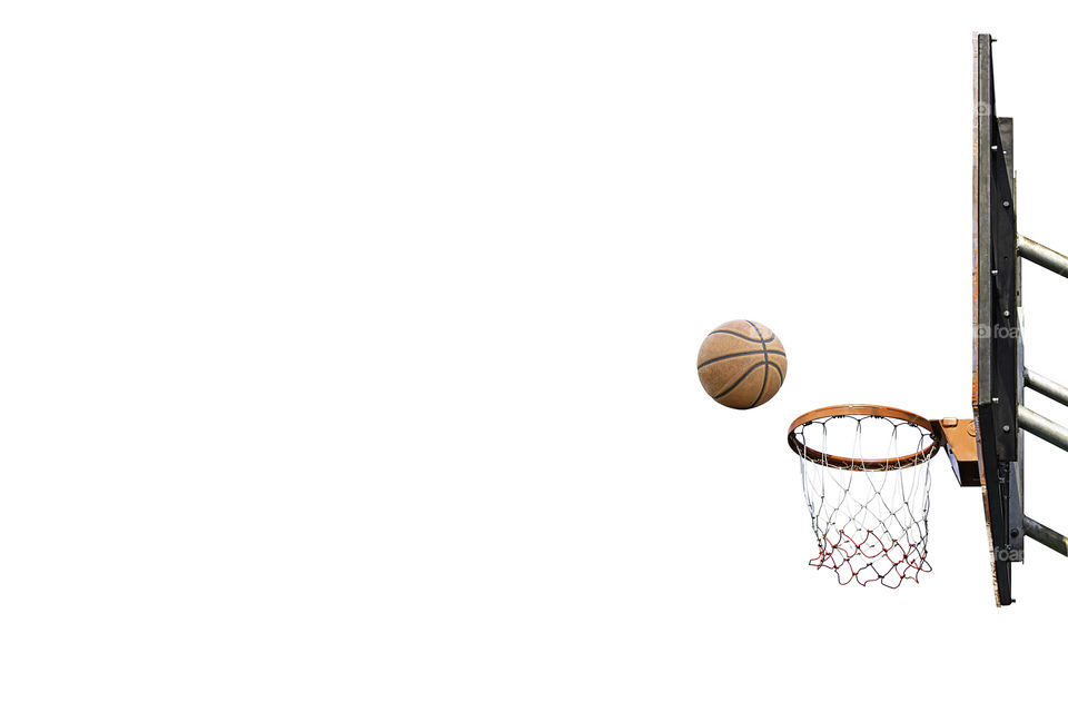 Isolated Basketball leather with the old  and basketball hoop on a white background with clipping path.