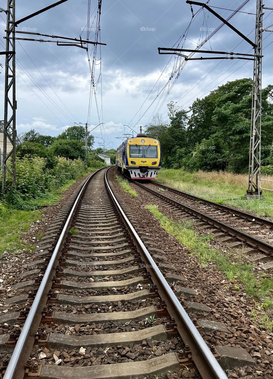 Railroad tracks and train. Railway. Summer, nice evening time. 