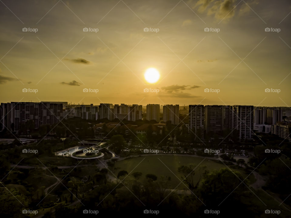 Sunset at the park, looking at the round sun in the sky.