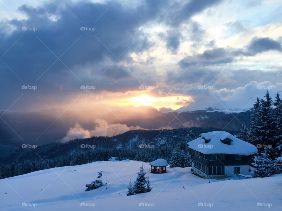 High angle view snowy landscape