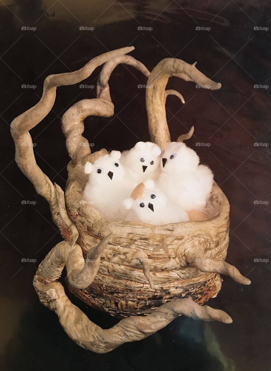 “Owl’s Cradle” original ceramic wood fire nest with mixed media baby owl sculpture  