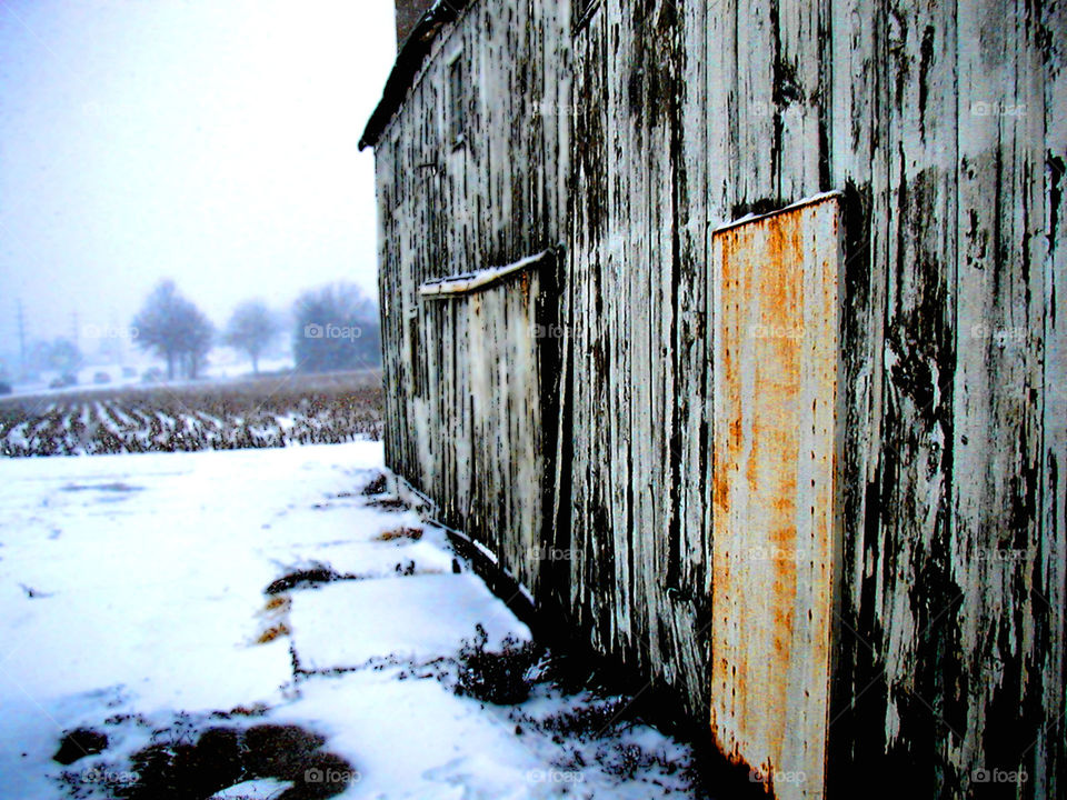 Frozen in time. A rusted barn door contrasts with weathered gray clapboard on a crumbling old barn