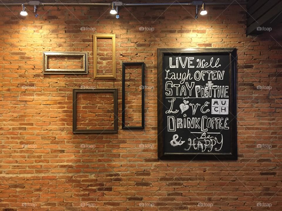 Abstract brick with chalkboard. Wall of coffee bar