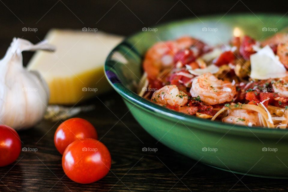 Spicy Shrimp Linguine and tomatoes