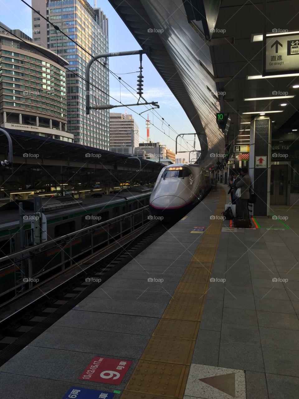 Train pulling into Tokyo station. 