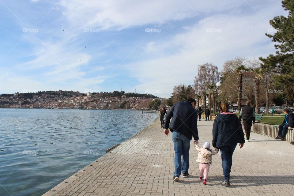 First steps and weekend mood along Ohrid Lake promenade. 