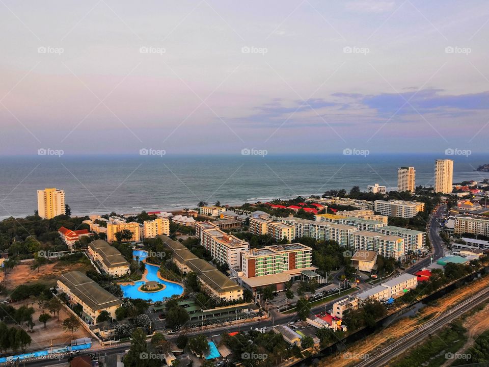 A panorama of hotels on the coast of the Gulf of Thailand from above