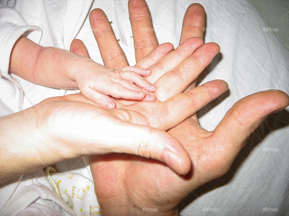 Family concept made from hands of father, mother and newborn child. Together we are the force.