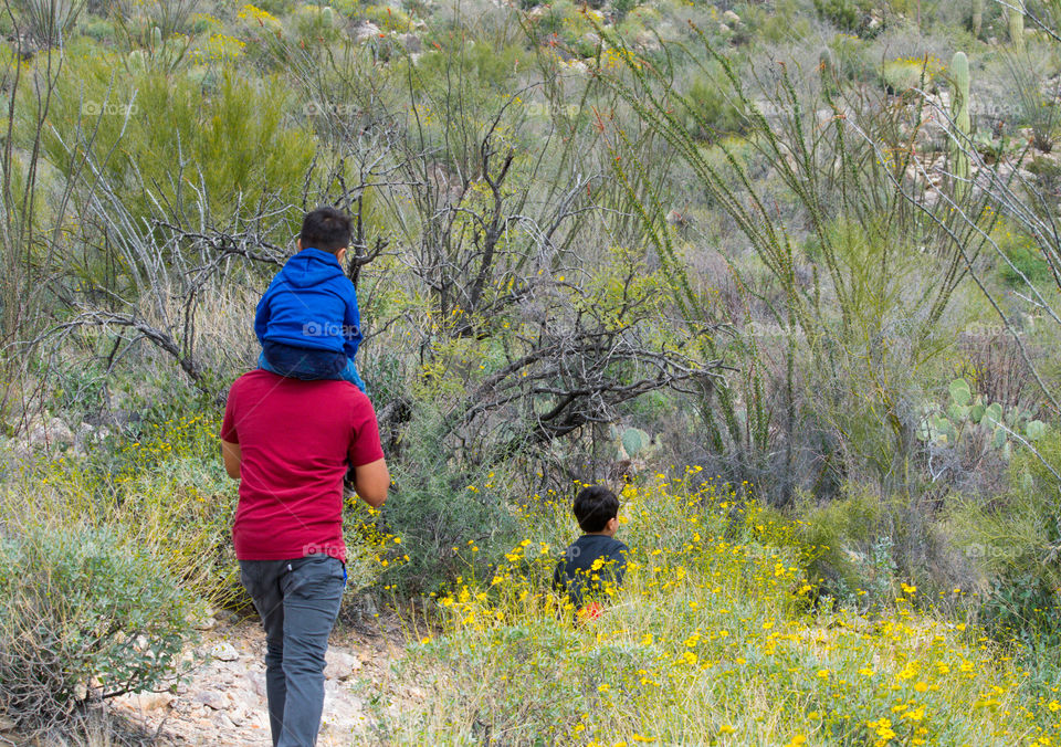 A family hiking in the mountains