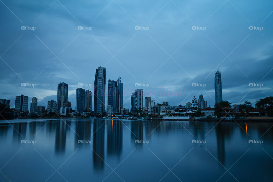 Building reflection on sea