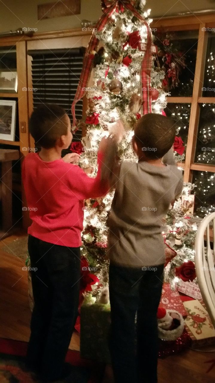 Boys Looking For Christmas Pickle Ornament In Tree