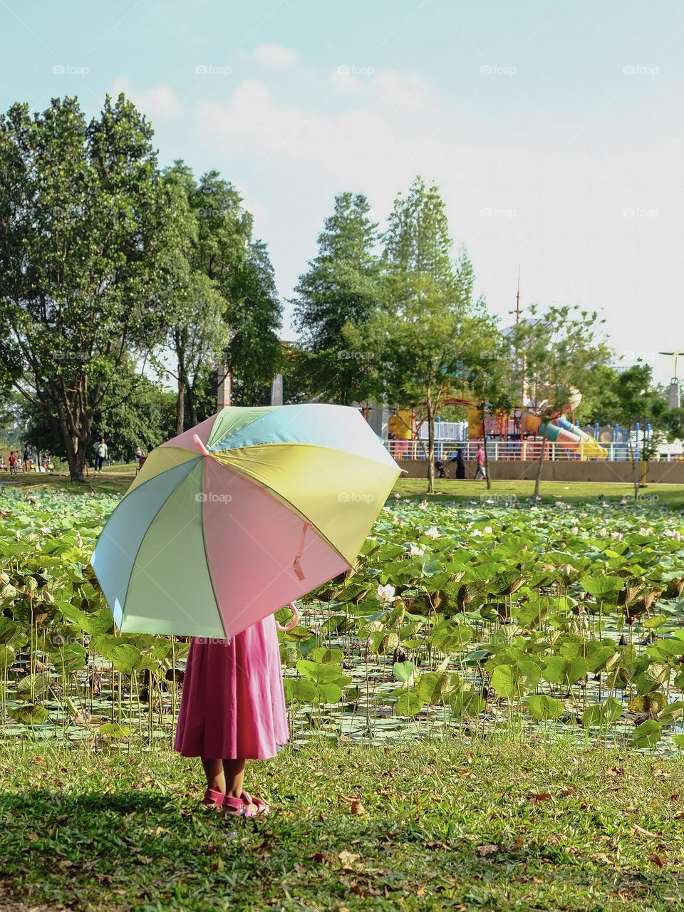 a little girl wearing a pink dress with colorful umbrella near the lake.