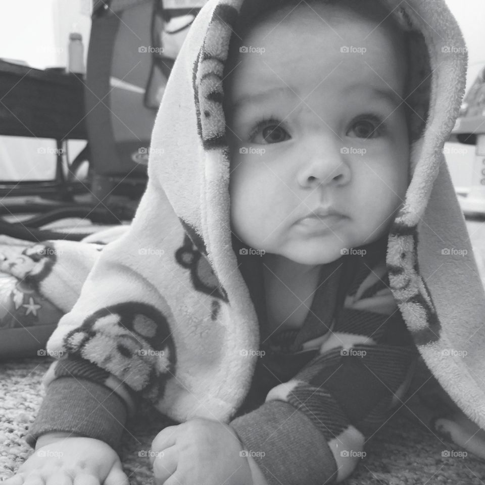 Cute baby with blanket-black and white