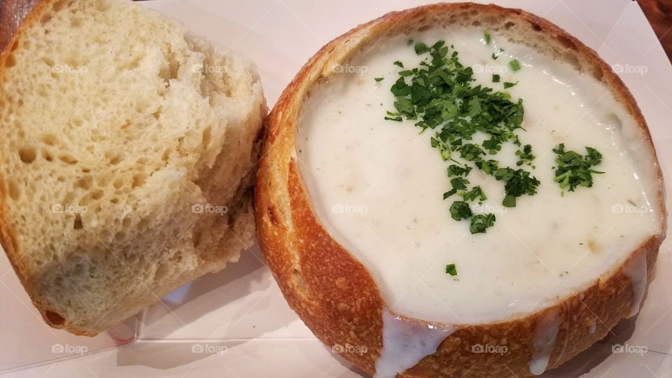 San Francisco clam chowder in the bread bowl
