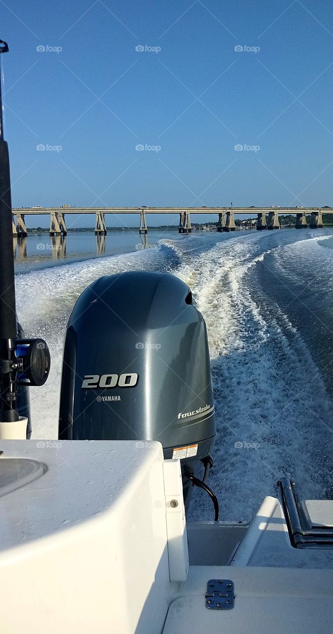a view of the Ashley River from the rear of a boat