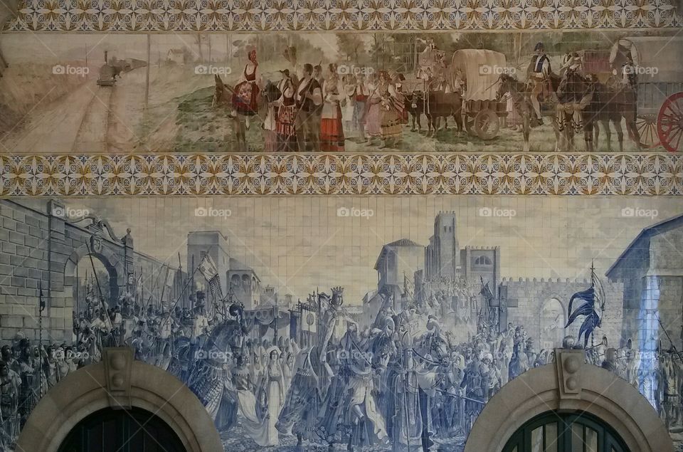 Azulejo panel at the São Bento railway station in Porto, Portugal