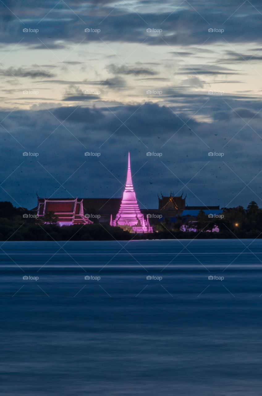 Twilight scene of the famous landmark PraSaMut JeDee pagoda in Thailand