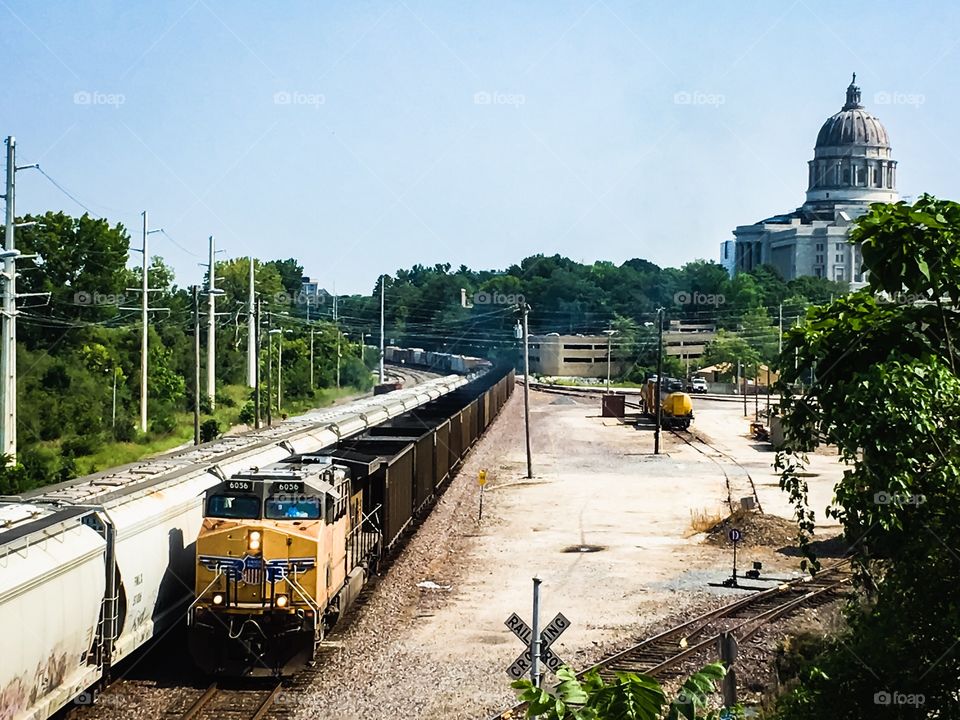 Union Pacific rail line running along the Missouri River in Jefferson City, MO.