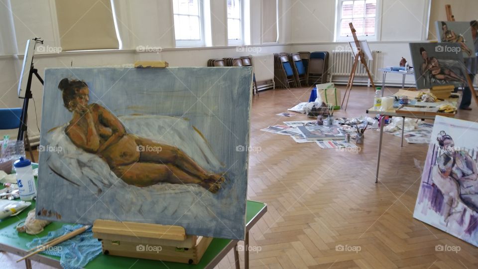 nude female art on canvas,  life class