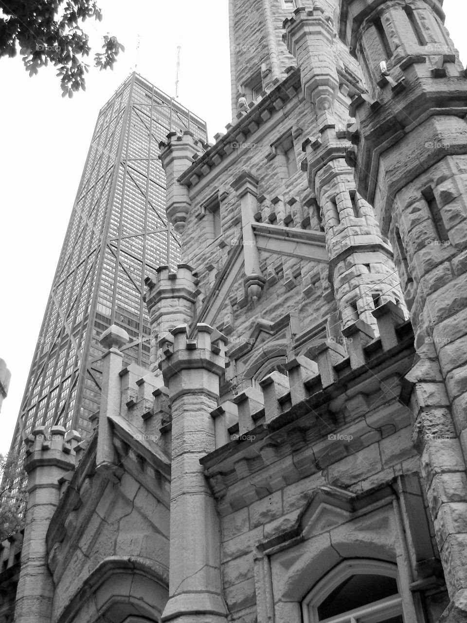 Detail of old church building. Stone church in Chicago