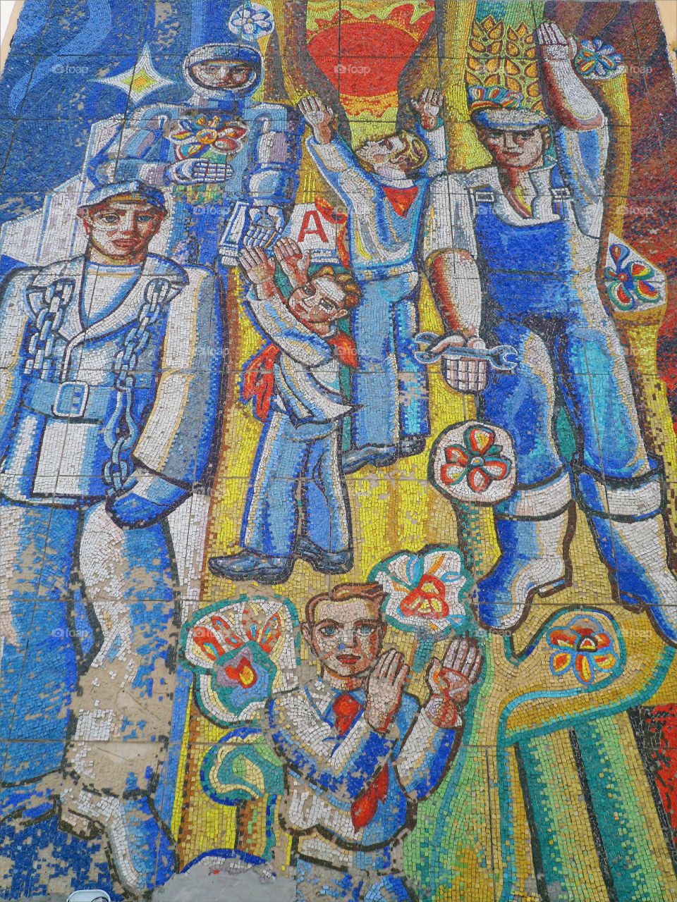 colored mosaic on the school building, Kiev