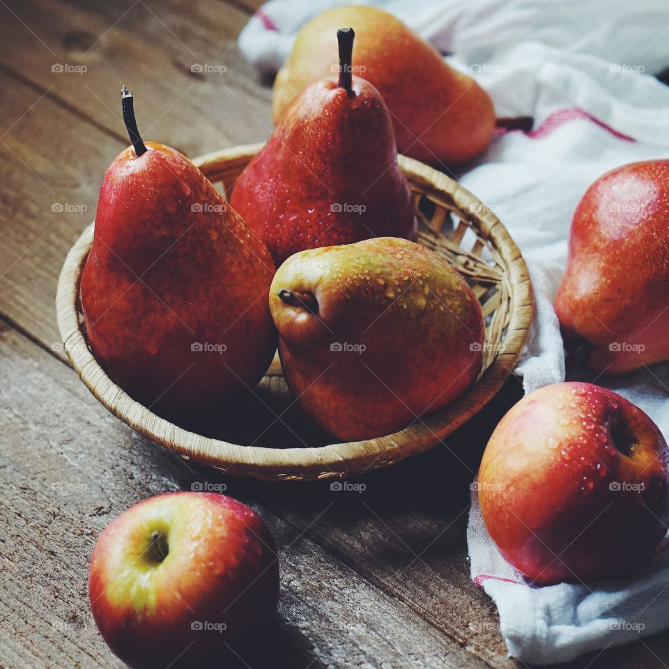 Pears in wicker basket