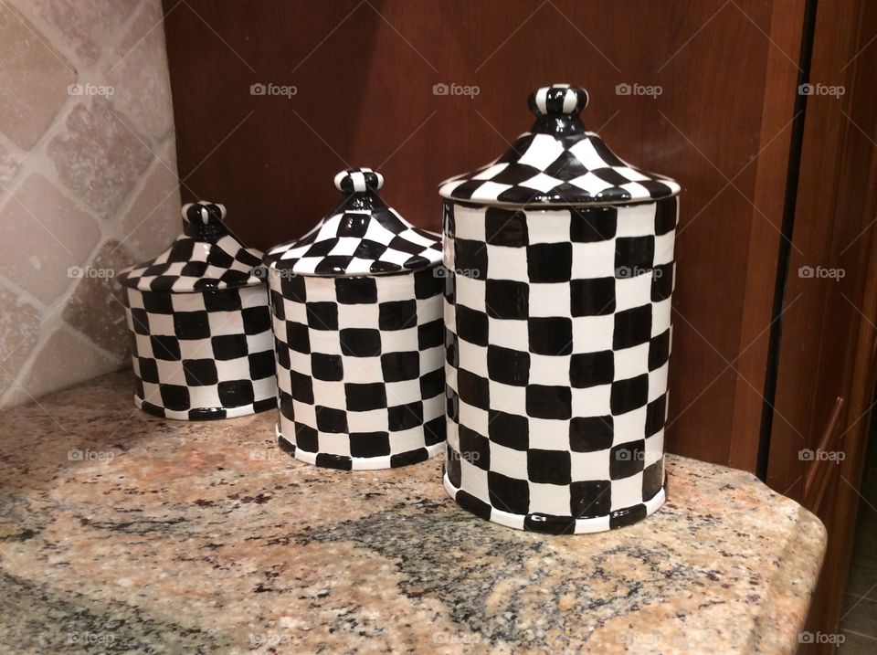 Black and white canister set, handmade, hand painted 
