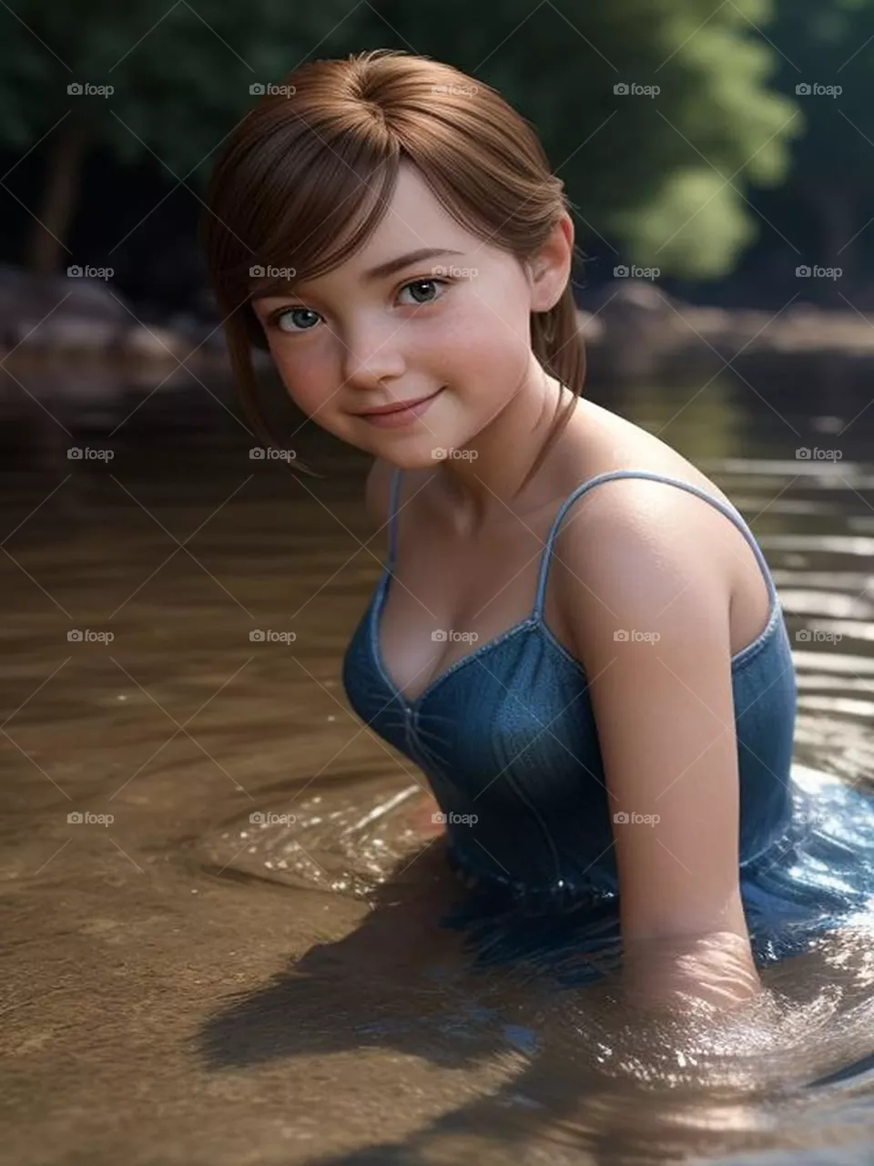 Beautiful girl swimming in the lake