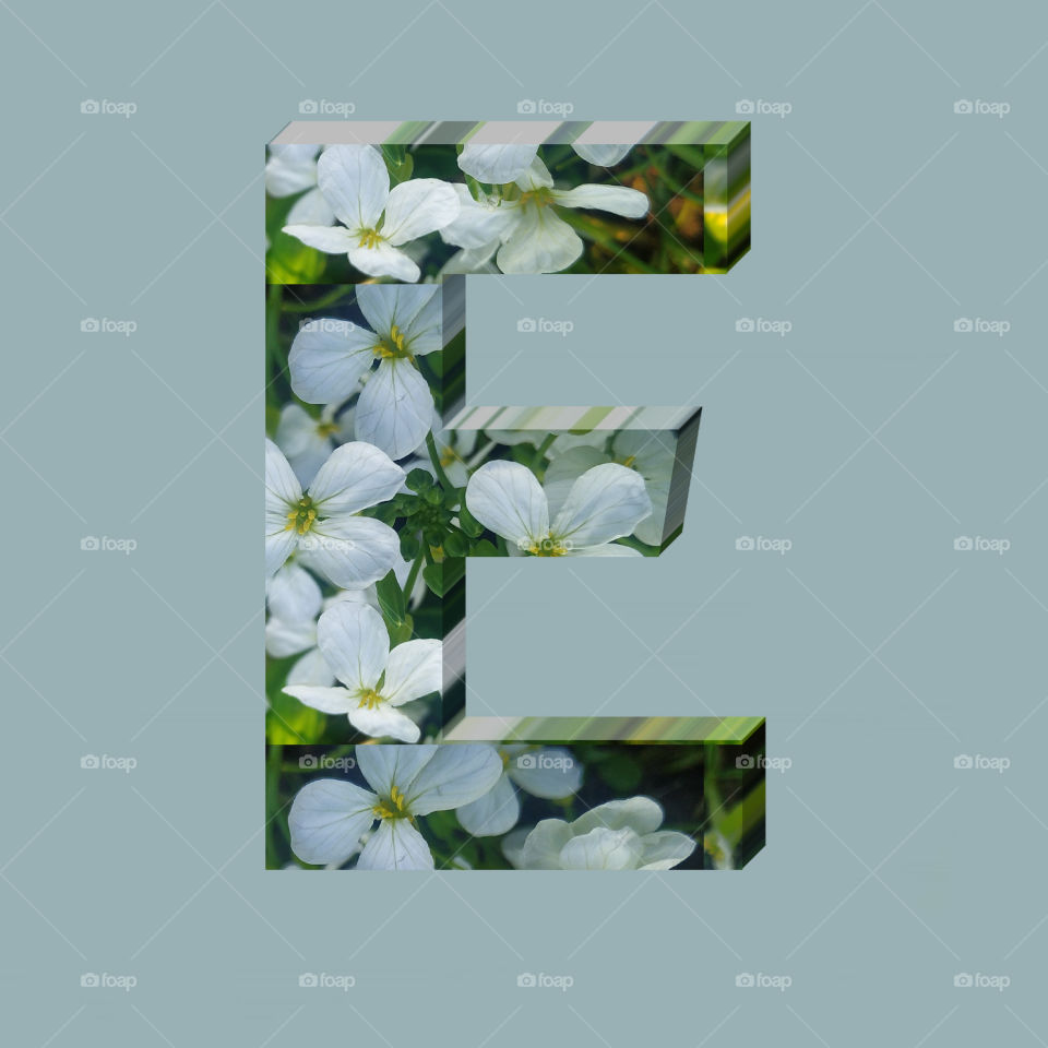 E alphabet 3d rendering of vertical white flowers alphabet