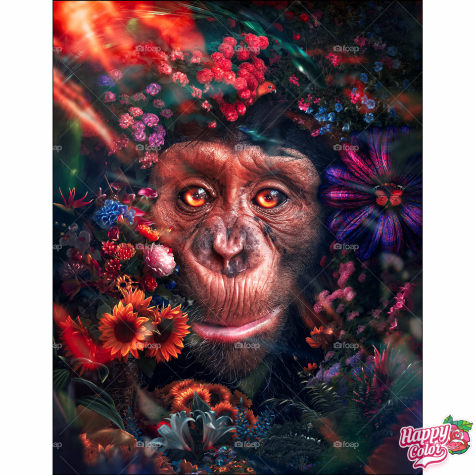 Adult coloring, animals in color, chimpanzee in the wild, fun and colorful, chimps and flowers 