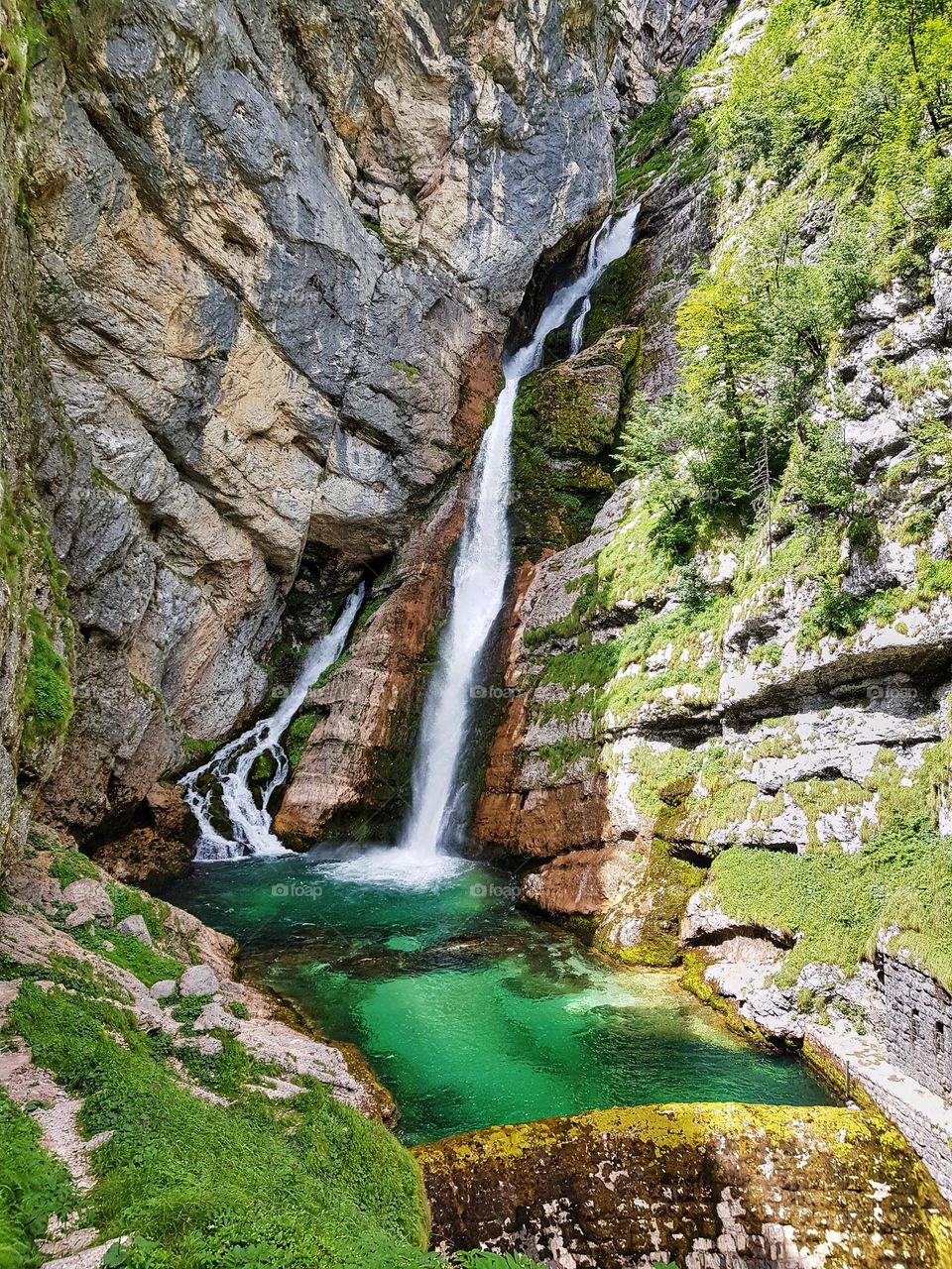 Amazing waterfall from rocky mountain with natural green pool. Savica waterfall is one of the most popular natural tourist attractions in Slovenia.